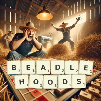 Creative illustration for a Scrabble game with the word BEADLEHOODS spelled out in tiles on the board.