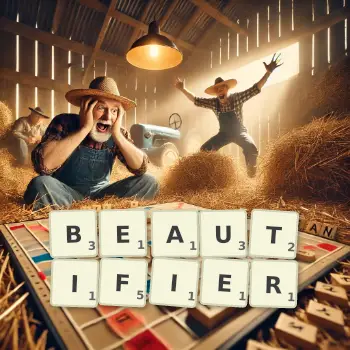 Creative illustration for a Scrabble game with the word BEAUTIFIER spelled out in tiles on the board.