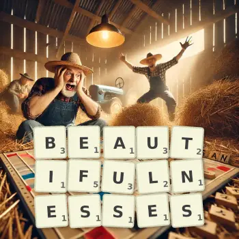 Creative illustration for a Scrabble game with the word BEAUTIFULNESSES spelled out in tiles on the board.