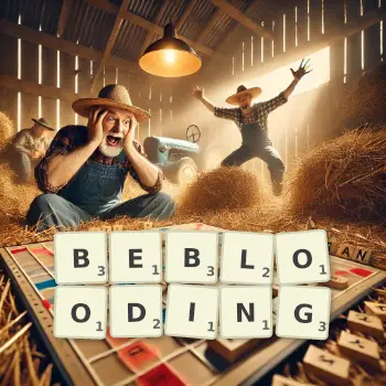 Creative illustration for a Scrabble game with the word BEBLOODING spelled out in tiles on the board.