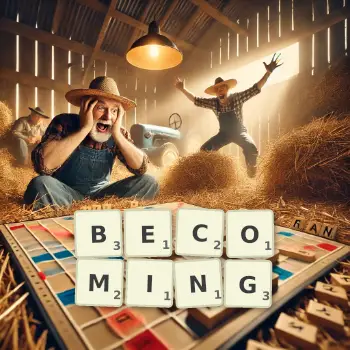 Creative illustration for a Scrabble game with the word BECOMING spelled out in tiles on the board.