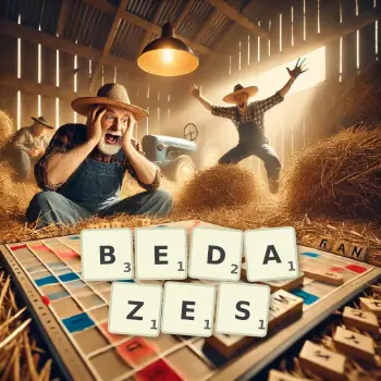 Creative illustration for a Scrabble game with the word BEDAZES spelled out in tiles on the board.