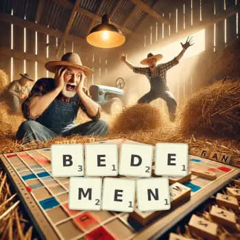 Creative illustration for a Scrabble game with the word BEDEMEN spelled out in tiles on the board.