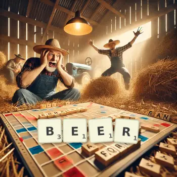 Creative illustration for a Scrabble game with the word BEER spelled out in tiles on the board.