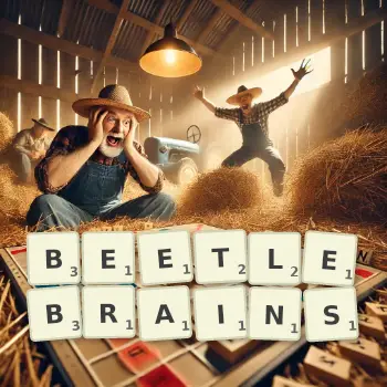 Creative illustration for a Scrabble game with the word BEETLEBRAINS spelled out in tiles on the board.