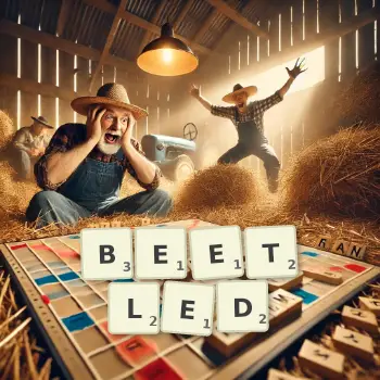 Creative illustration for a Scrabble game with the word BEETLED spelled out in tiles on the board.