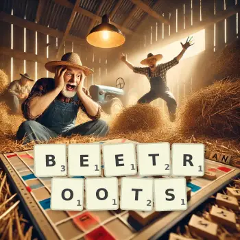 Creative illustration for a Scrabble game with the word BEETROOTS spelled out in tiles on the board.