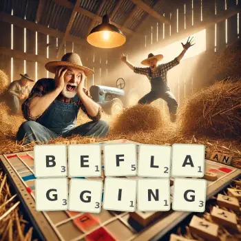 Creative illustration for a Scrabble game with the word BEFLAGGING spelled out in tiles on the board.