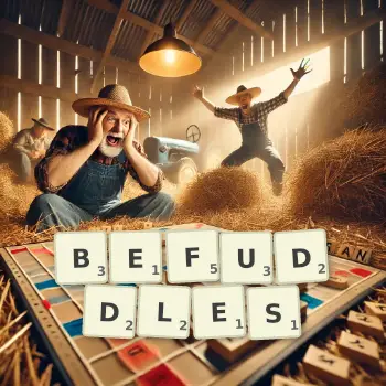 Creative illustration for a Scrabble game with the word BEFUDDLES spelled out in tiles on the board.