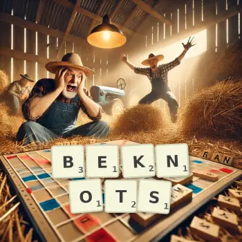 Creative illustration for a Scrabble game with the word BEKNOTS spelled out in tiles on the board.