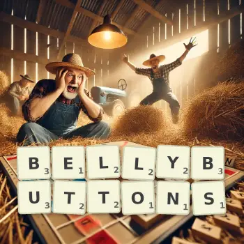 Creative illustration for a Scrabble game with the word BELLYBUTTONS spelled out in tiles on the board.