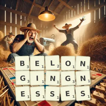 Creative illustration for a Scrabble game with the word BELONGINGNESSES spelled out in tiles on the board.