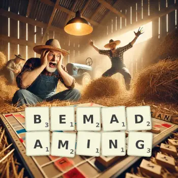 Creative illustration for a Scrabble game with the word BEMADAMING spelled out in tiles on the board.