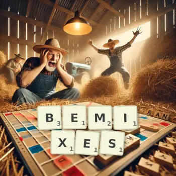 Creative illustration for a Scrabble game with the word BEMIXES spelled out in tiles on the board.