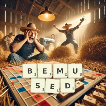 Creative illustration for a Scrabble game with the word BEMUSED spelled out in tiles on the board.