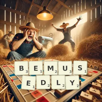 Creative illustration for a Scrabble game with the word BEMUSEDLY spelled out in tiles on the board.