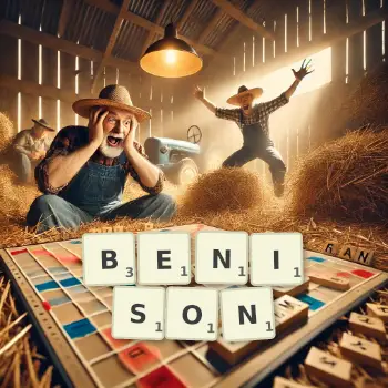 Creative illustration for a Scrabble game with the word BENISON spelled out in tiles on the board.