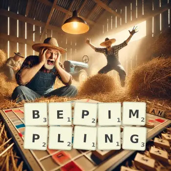 Creative illustration for a Scrabble game with the word BEPIMPLING spelled out in tiles on the board.