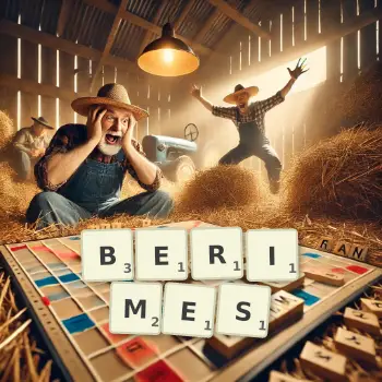 Creative illustration for a Scrabble game with the word BERIMES spelled out in tiles on the board.
