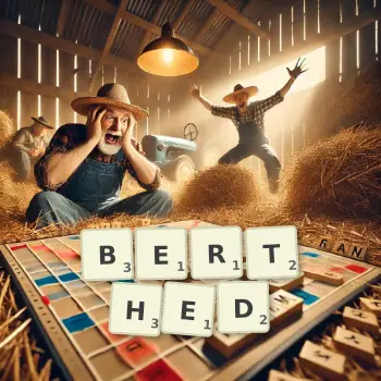 Creative illustration for a Scrabble game with the word BERTHED spelled out in tiles on the board.