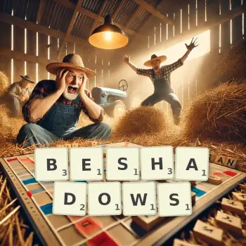 Creative illustration for a Scrabble game with the word BESHADOWS spelled out in tiles on the board.