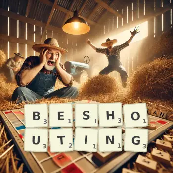 Creative illustration for a Scrabble game with the word BESHOUTING spelled out in tiles on the board.