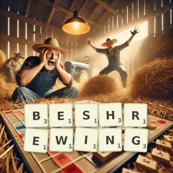 Creative illustration for a Scrabble game with the word BESHREWING spelled out in tiles on the board.
