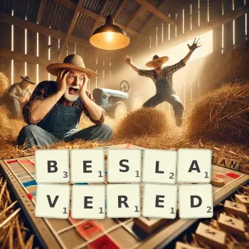 Creative illustration for a Scrabble game with the word BESLAVERED spelled out in tiles on the board.