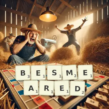 Creative illustration for a Scrabble game with the word BESMEARED spelled out in tiles on the board.
