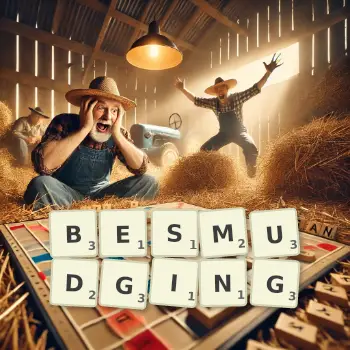 Creative illustration for a Scrabble game with the word BESMUDGING spelled out in tiles on the board.