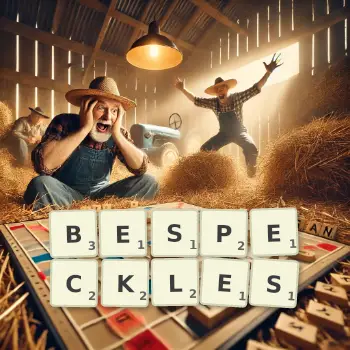 Creative illustration for a Scrabble game with the word BESPECKLES spelled out in tiles on the board.