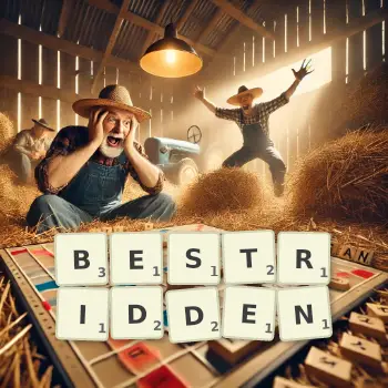 Creative illustration for a Scrabble game with the word BESTRIDDEN spelled out in tiles on the board.