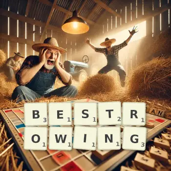 Creative illustration for a Scrabble game with the word BESTROWING spelled out in tiles on the board.