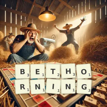 Creative illustration for a Scrabble game with the word BETHORNING spelled out in tiles on the board.