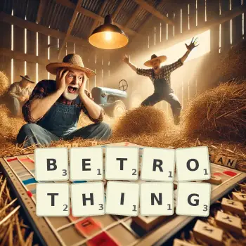 Creative illustration for a Scrabble game with the word BETROTHING spelled out in tiles on the board.
