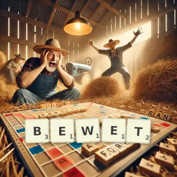 Creative illustration for a Scrabble game with the word BEWET spelled out in tiles on the board.