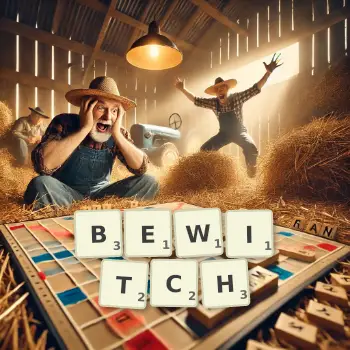 Creative illustration for a Scrabble game with the word BEWITCH spelled out in tiles on the board.