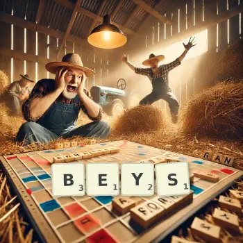 Creative illustration for a Scrabble game with the word BEYS spelled out in tiles on the board.