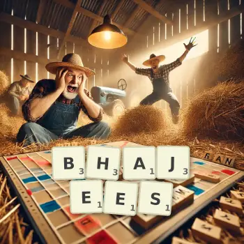 Creative illustration for a Scrabble game with the word BHAJEES spelled out in tiles on the board.