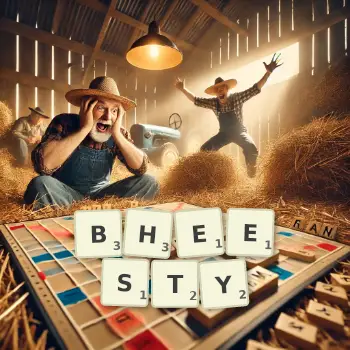 Creative illustration for a Scrabble game with the word BHEESTY spelled out in tiles on the board.