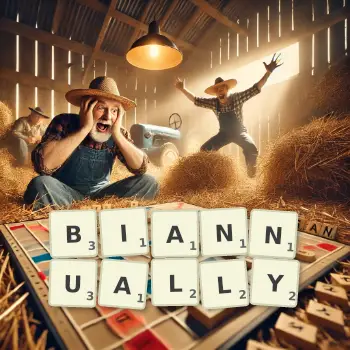 Creative illustration for a Scrabble game with the word BIANNUALLY spelled out in tiles on the board.