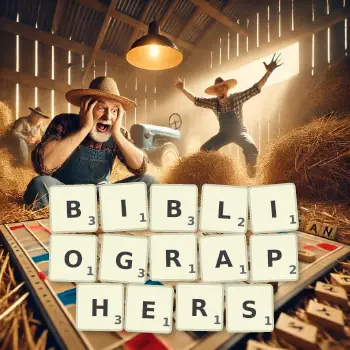 Creative illustration for a Scrabble game with the word BIBLIOGRAPHERS spelled out in tiles on the board.