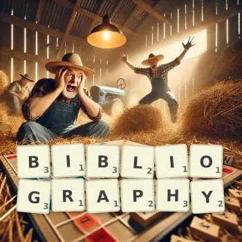 Creative illustration for a Scrabble game with the word BIBLIOGRAPHY spelled out in tiles on the board.