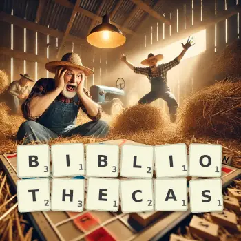 Creative illustration for a Scrabble game with the word BIBLIOTHECAS spelled out in tiles on the board.