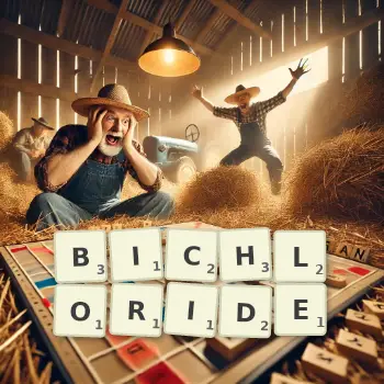 Creative illustration for a Scrabble game with the word BICHLORIDE spelled out in tiles on the board.