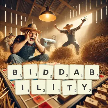 Creative illustration for a Scrabble game with the word BIDDABILITY spelled out in tiles on the board.