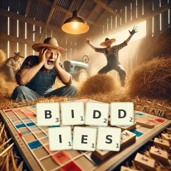 Creative illustration for a Scrabble game with the word BIDDIES spelled out in tiles on the board.