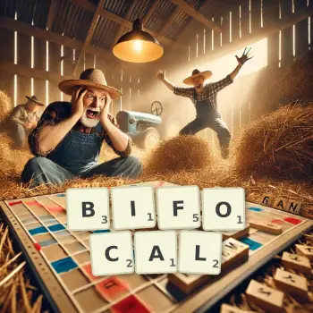 Creative illustration for a Scrabble game with the word BIFOCAL spelled out in tiles on the board.