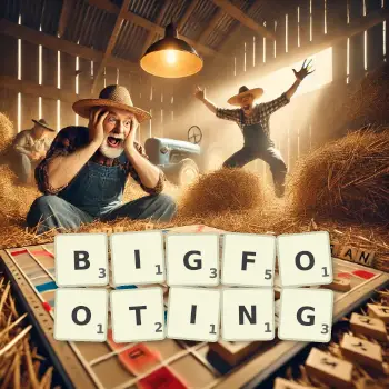 Creative illustration for a Scrabble game with the word BIGFOOTING spelled out in tiles on the board.