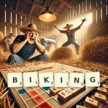 Creative illustration for a Scrabble game with the word BIKING spelled out in tiles on the board.